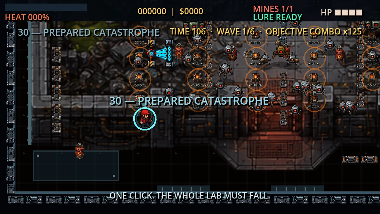 Top-down campaign room with robots, destructible walls, explosive barrels and industrial equipment.