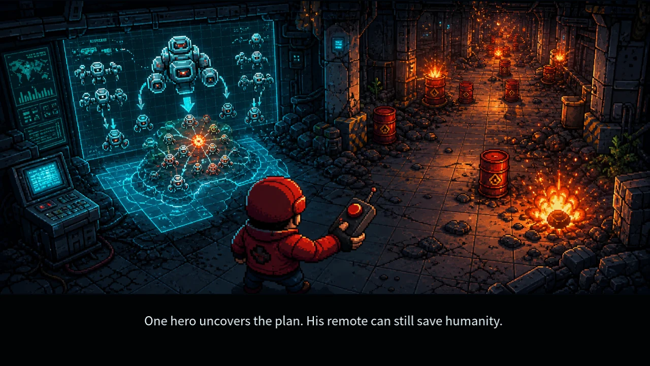 Pixel-art prologue: the hero studies robots on a screen and holds a remote control facing an industrial room.