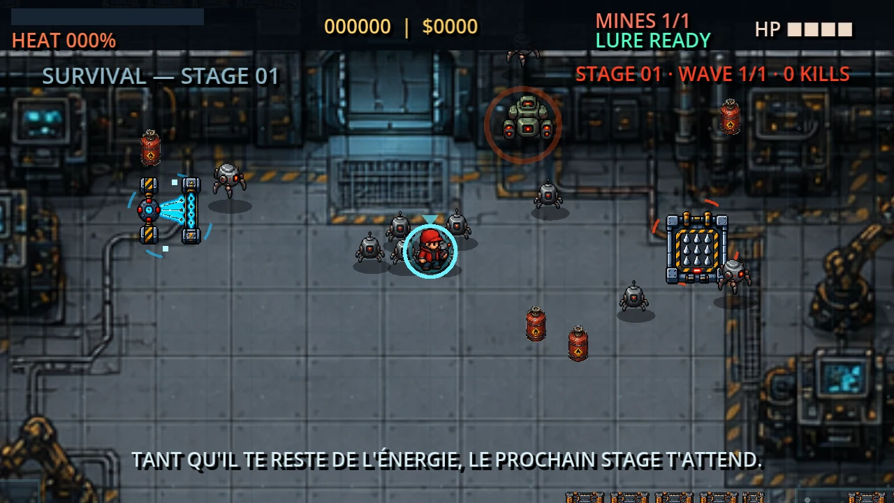 The hero surrounded by drones in a Survival arena, between explosive barrels and traps.
